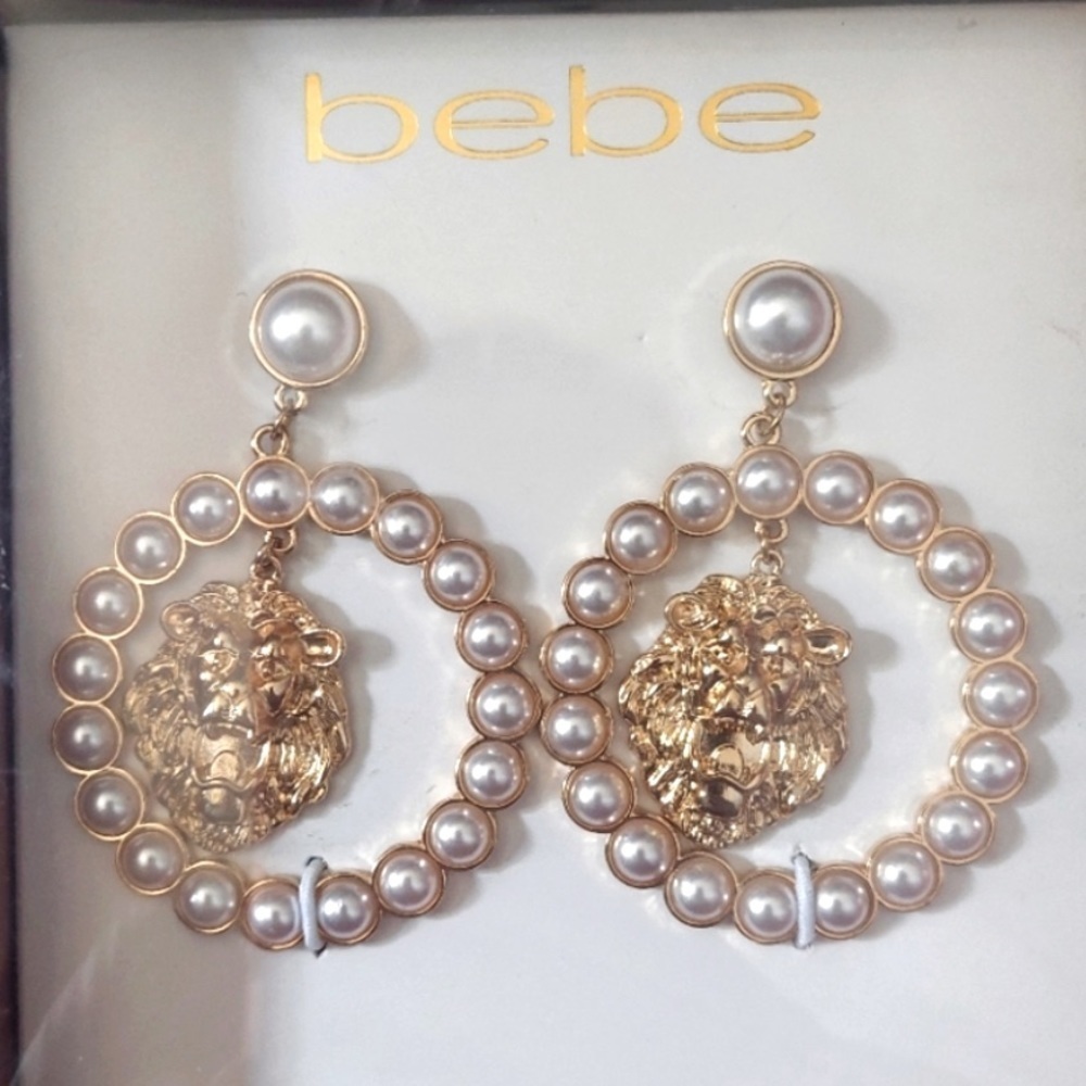Bebe Pearl Embellished Gold Lion’s Head Pierced Earrings